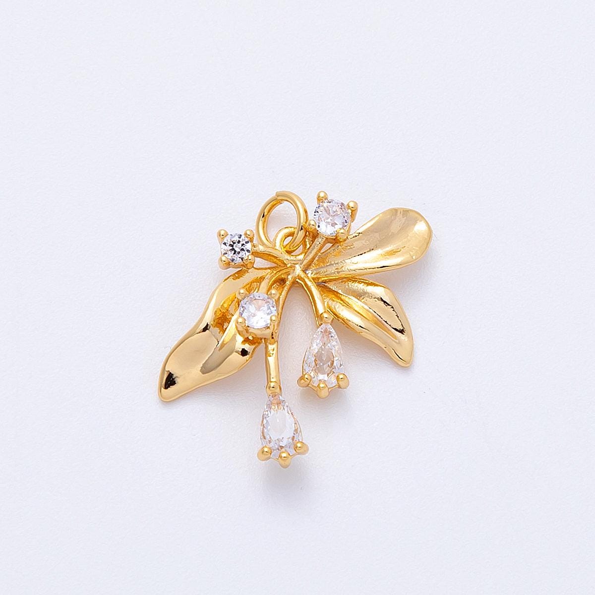 18k Gold Filled Leaf Charm with Sparkling CZ Dewdrops Botanical Jewelry Finding DIY Supply for custom necklace bracelet | CHARMS-00339