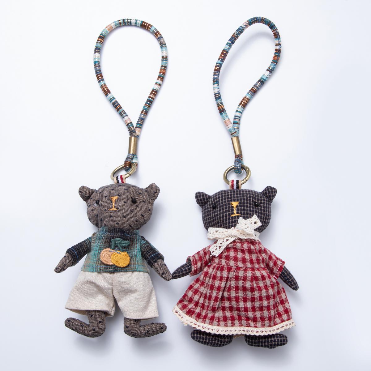 Bear Bag Charms Plush Teddy Keychains Couple Bear Gift Backpack Accessories Boho Gingham Dress and Vest Back to School | WB-00061