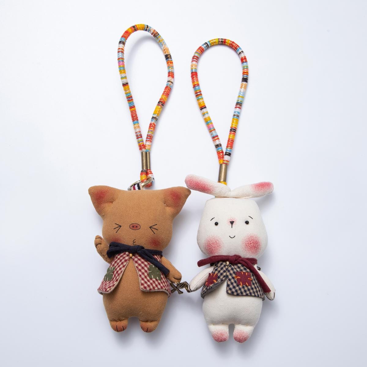 Animal Bag Charms 300mm Pig & Bunny Keychains Couple Accessory Fabric Teddy Backpack Add On Gingham and Plaid Outfits | WB-00056