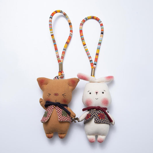 Animal Bag Charms 300mm Pig & Bunny Keychains Couple Accessory Fabric Teddy Backpack Add On Gingham and Plaid Outfits | WB-00056