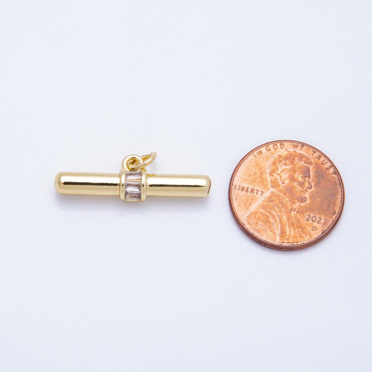 16K Gold Filled 26mm Clear Baguette CZ Tube Bar Charm T-Bar Cylinder Pendant Modern Geometric Gift for Her Jewelry Supply | Findings-00045