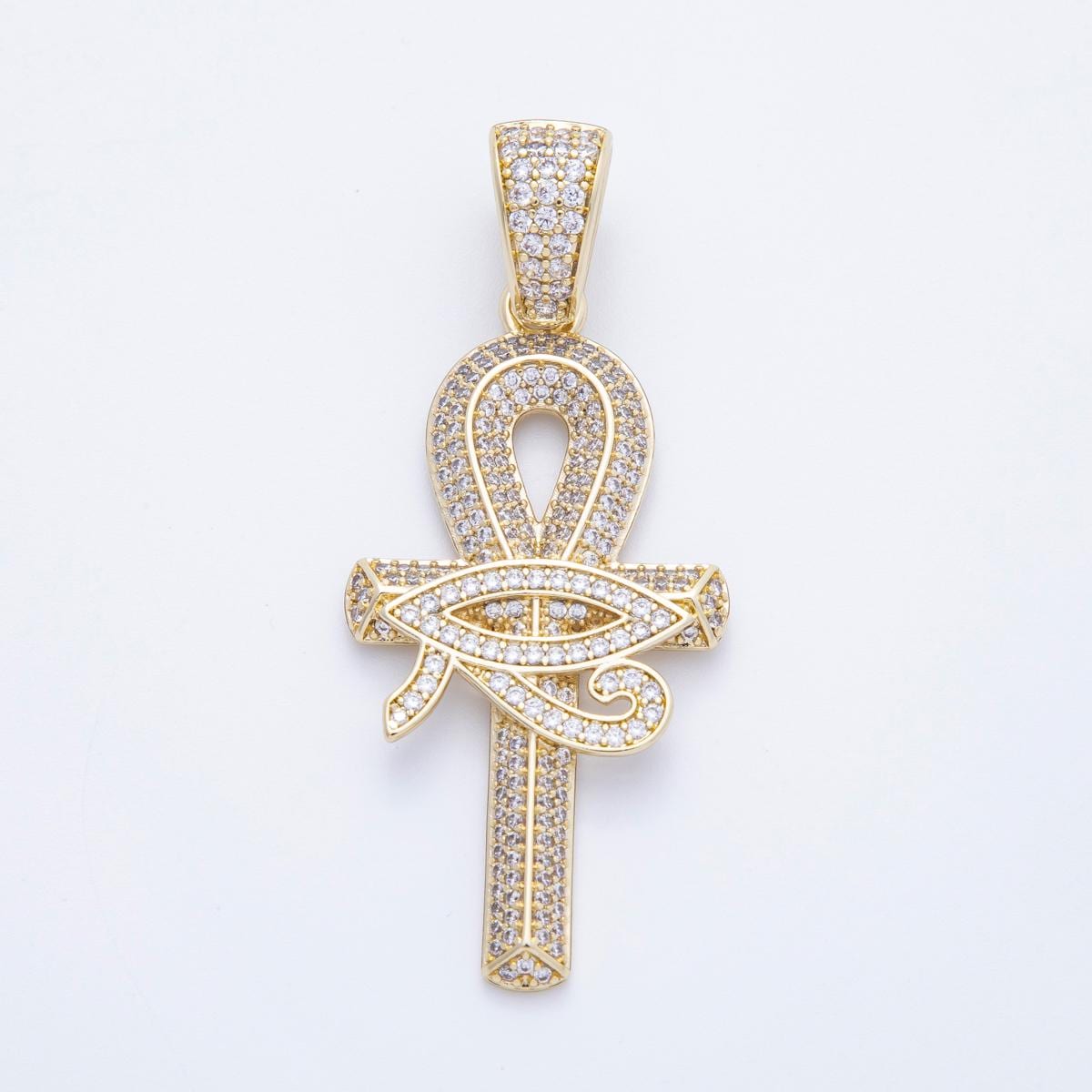 16k Gold Filled Iced Out Ankh Eye of Horus Pendant Egyptian Cross Amulet of Protection & Eternal Life Fine Jewelry Gift | CHARMS-00209