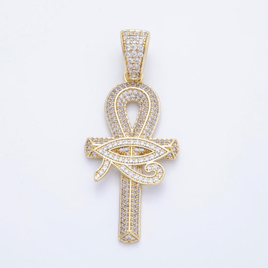 16k Gold Filled Iced Out Ankh Eye of Horus Pendant Egyptian Cross Amulet of Protection & Eternal Life Fine Jewelry Gift | CHARMS-00209