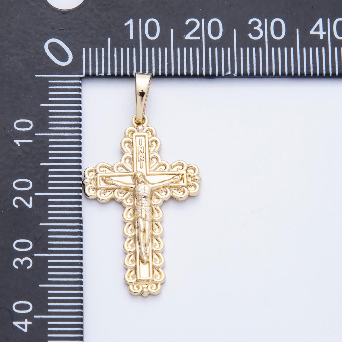 16k Gold Filled Crucifix Pendant 30mm Scalloped Filigree Cross Charm Catholic Religious Jewelry Meaningful Faith Gift for Her | CHARMS-00211