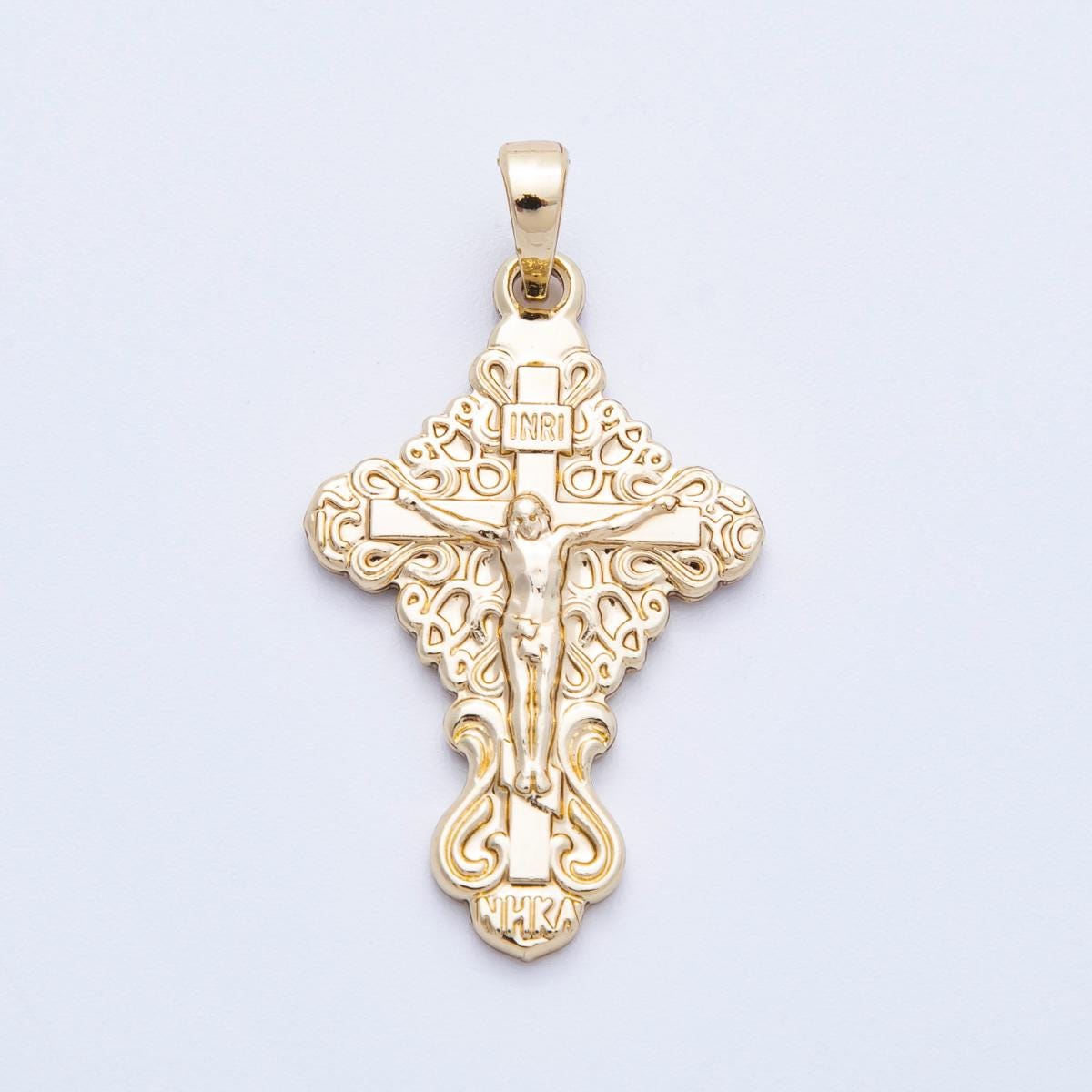 16k Gold Filled Crucifix Pendant 28.8mm Scalloped Filigree Edge Charm Catholic Religious Jewelry Meaningful Gift for Her | CHARMS-00212