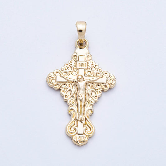 16k Gold Filled Crucifix Pendant 28.8mm Scalloped Filigree Edge Charm Catholic Religious Jewelry Meaningful Gift for Her | CHARMS-00212