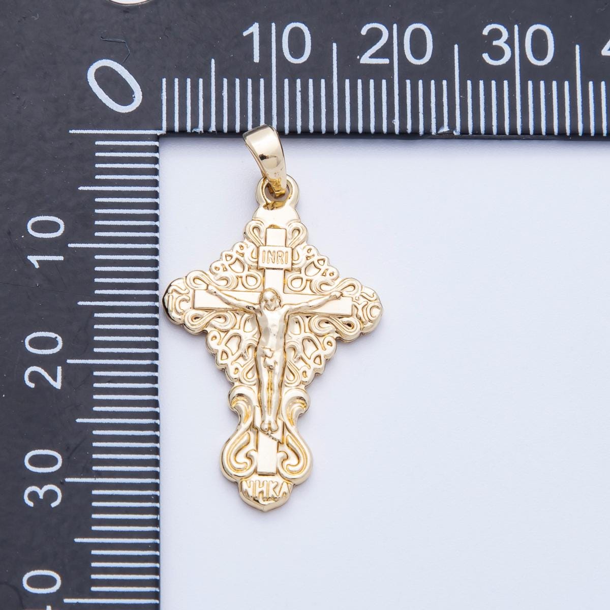 16k Gold Filled Crucifix Pendant 28.8mm Scalloped Filigree Edge Charm Catholic Religious Jewelry Meaningful Gift for Her | CHARMS-00212