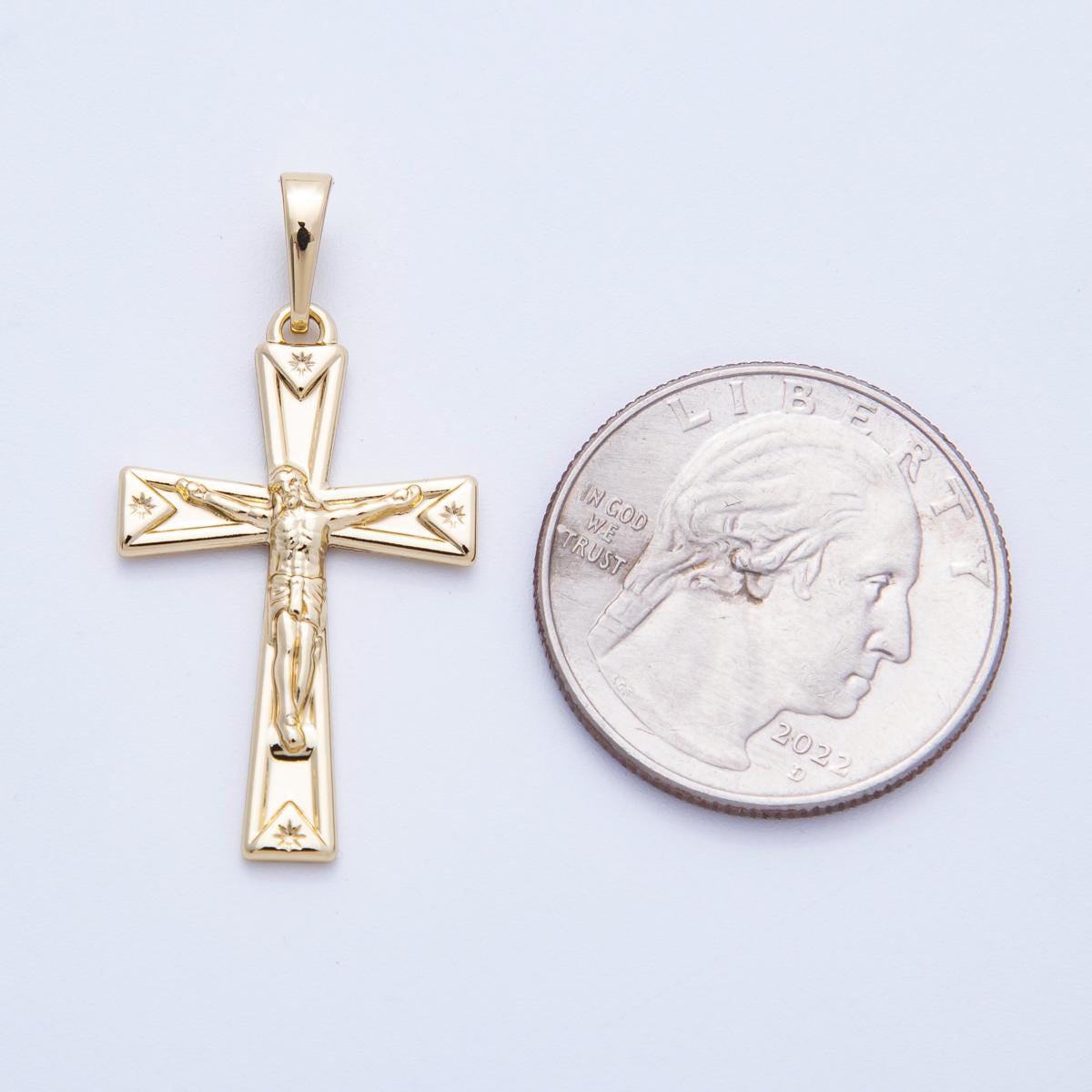 16k Gold Filled Engraved Starburst Cross Charm 29.6mm Minimalist Catholic Religious Jewelry Meaningful Gift for Her | CHARMS-00214