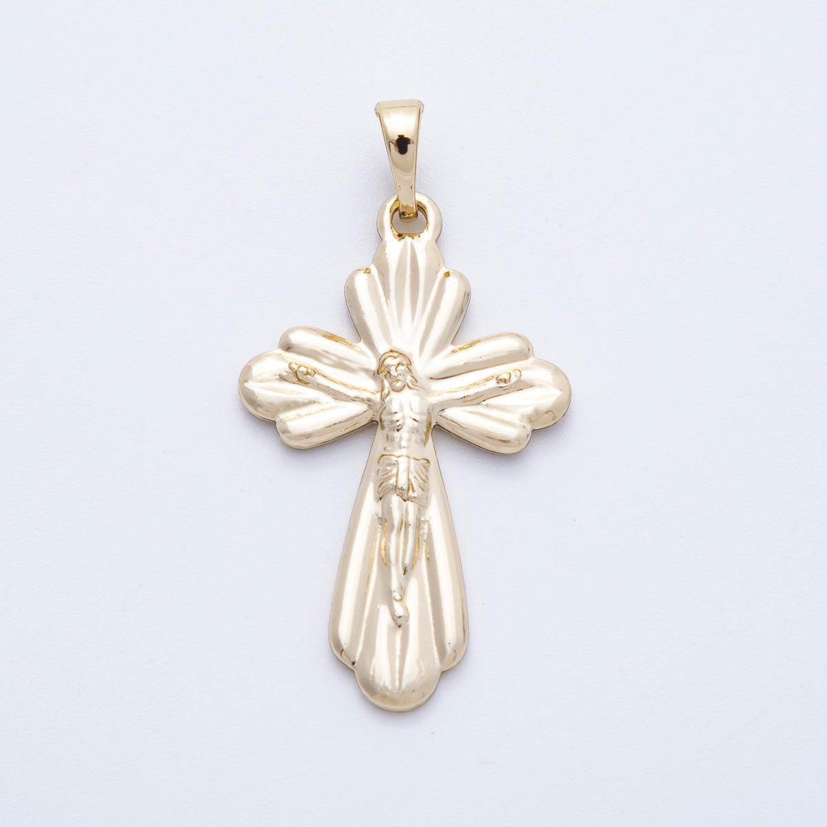 Ornate 16k Gold Filled 29.6mm Scalloped Crucifix Vintage Style Petal Cross Pendant Catholic Religious Jewelry Floral Amulet | CHARMS-00216
