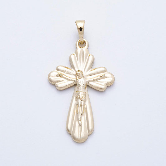 Ornate 16k Gold Filled 29.6mm Scalloped Crucifix Vintage Style Petal Cross Pendant Catholic Religious Jewelry Floral Amulet | CHARMS-00216
