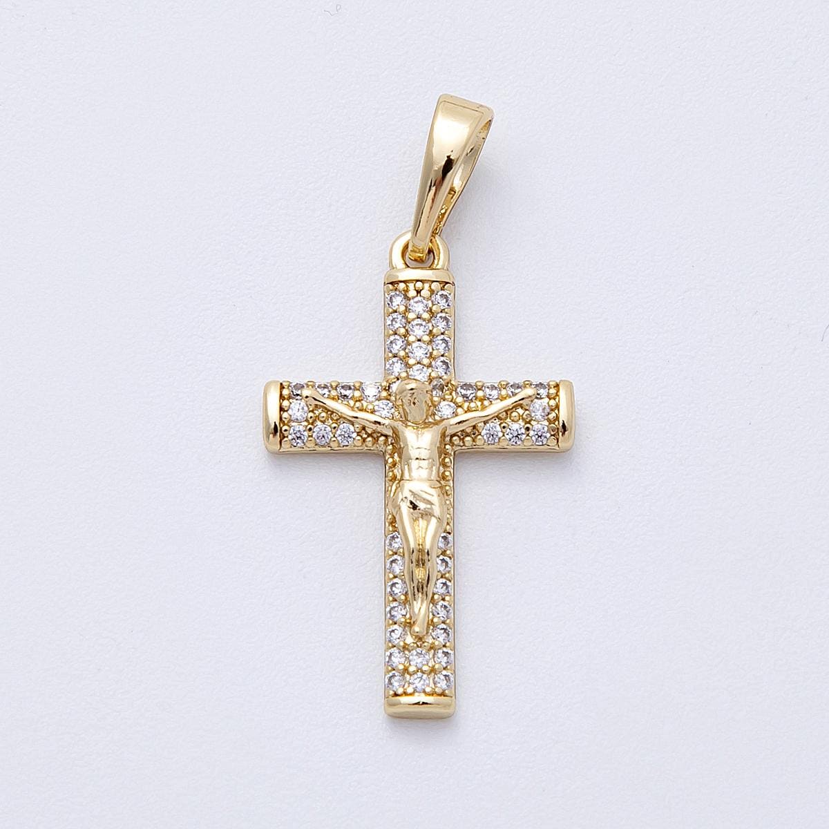 14k Gold Filled Crucifix Pendant 24.5mm Micro Pave CZ Cross Charm Modern Catholic Religious Jewelry Sparkling Gift for Her | CHARMS-00220