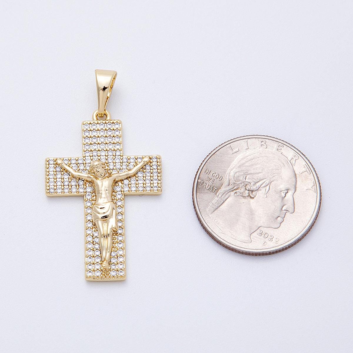 14k Gold Filled Crucifix Pendant 34.6mm Micro Pave CZ Cross Charm Modern Catholic Religious Jewelry Sparkling Gift for Her | CHARMS-00221