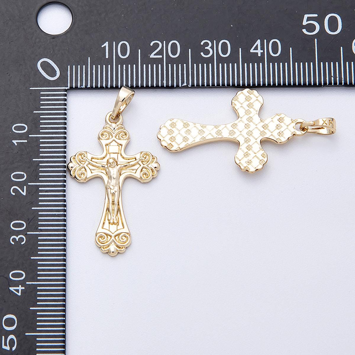 Ornate 14k Gold Filled 29.6mm Filigree Crucifix Vintage Byzantine Style Cross Pendant Catholic Religious Jewelry Swirl Detail | CHARMS-00222