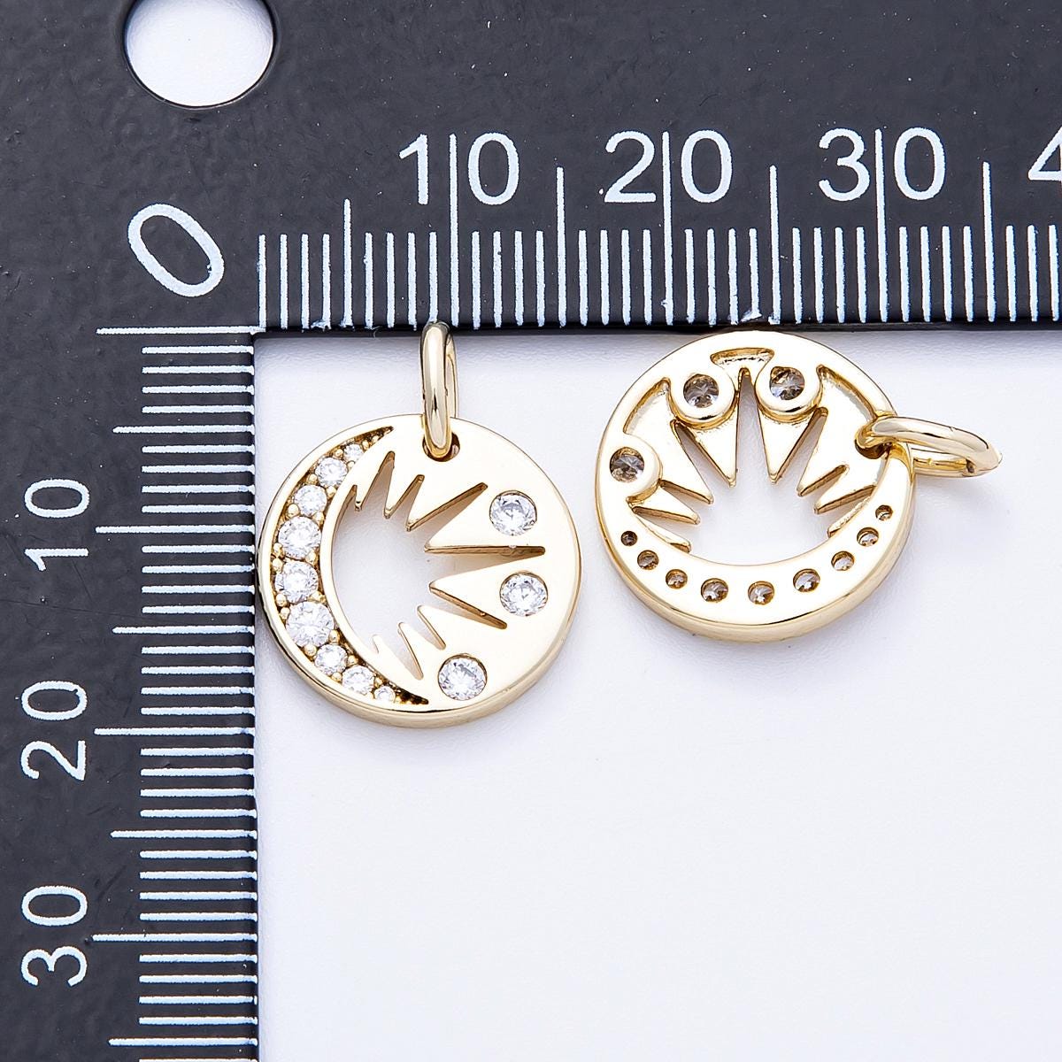 14k Gold Filled Celestial Moon & Sunburst Pendant 15.1mm Cut-out Crescent Moon Charm with Sparkling CZ Boho Gold Medallion | CHARMS-00328