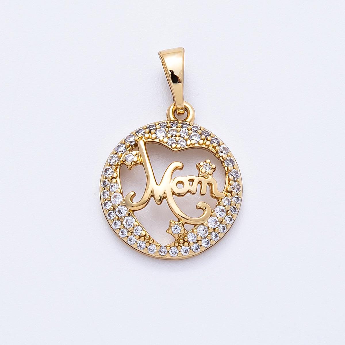 14K Gold Filled 17mm Micro Paved CZ "MOM" Open Round Charm Motherhood floating script medallion Mother's Day Gift | Charms-000329