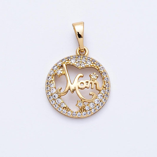 14K Gold Filled 17mm Micro Paved CZ "MOM" Open Round Charm Motherhood floating script medallion Mother's Day Gift | Charms-000329