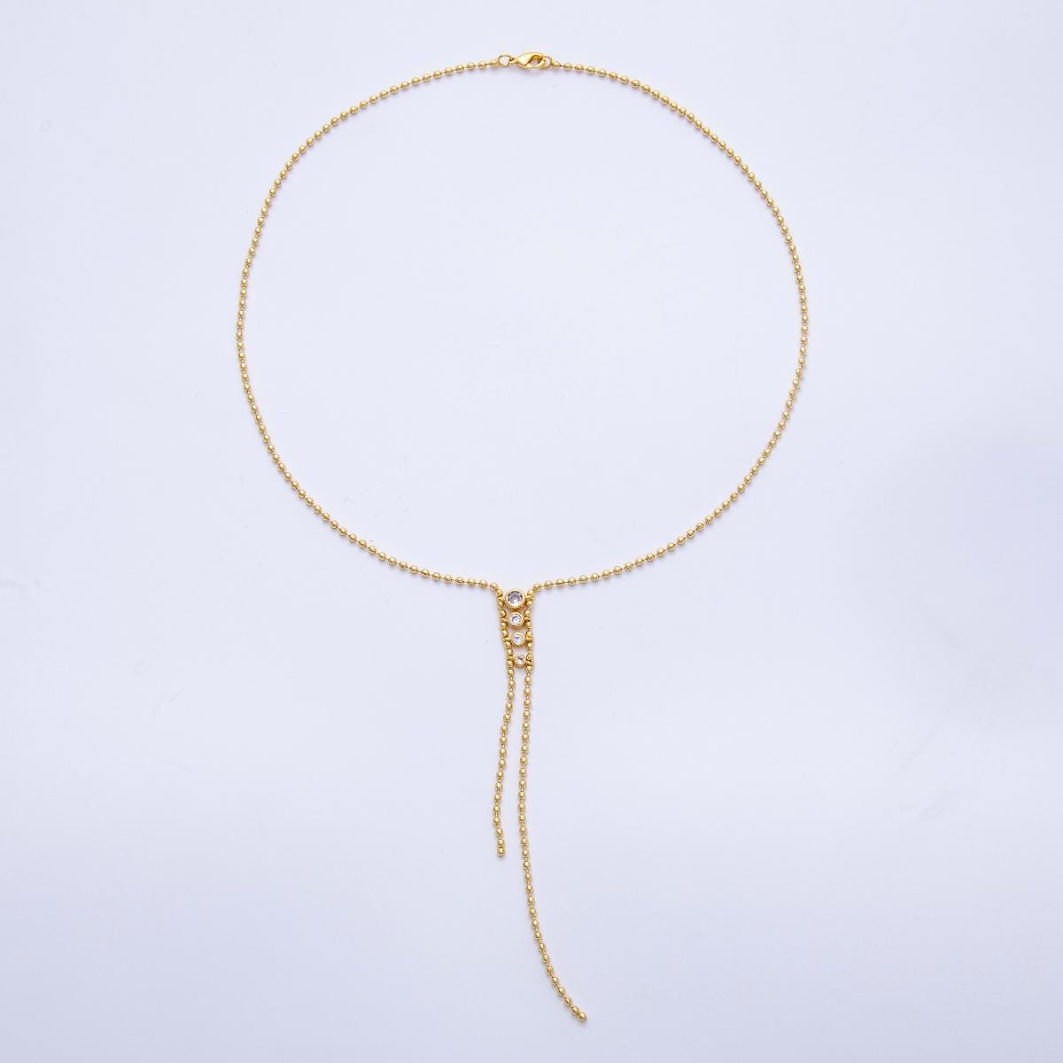 18K Gold Filled Lariat Necklace, Y Beaded Necklace, Clear, Clear CZ Necklace, Minimalist Jewelry Long Gold Necklace 17.9 inch WA-4037
