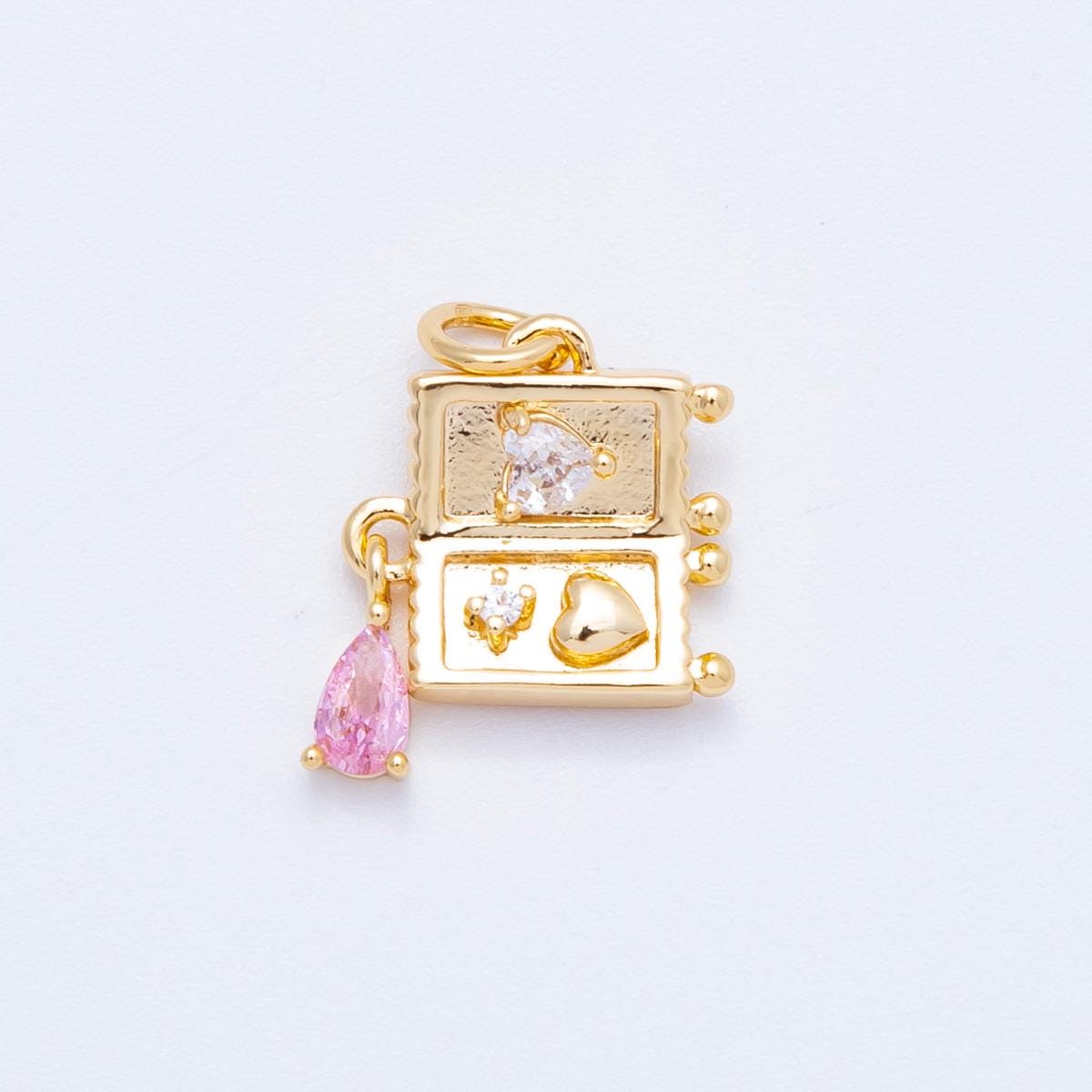 18K Gold Filled Mini Luggage Charm Dainty Travel Pendant for Summer Vacation Jewelry With Pink Tear Drop CZ Stone Charms-00349