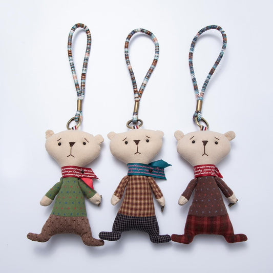 Fabric Doll 340mm Colorful Vintage Scarf Teddy Bear Friendship Keychain Artisan Plushie for Purses Backpacks Colorful Lanyard | WB-00052