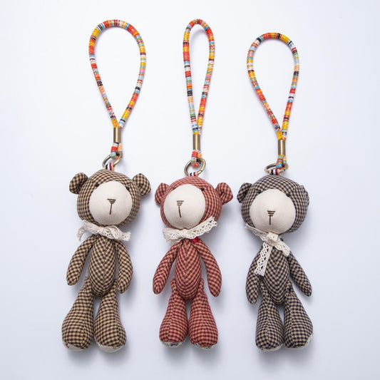 Fabric Doll 350mm Colorful Vintage Lace Bow Teddy Bear Friendship Keychain Artisan Plushie for Purses Backpacks Colorful Lanyard | WB-00049