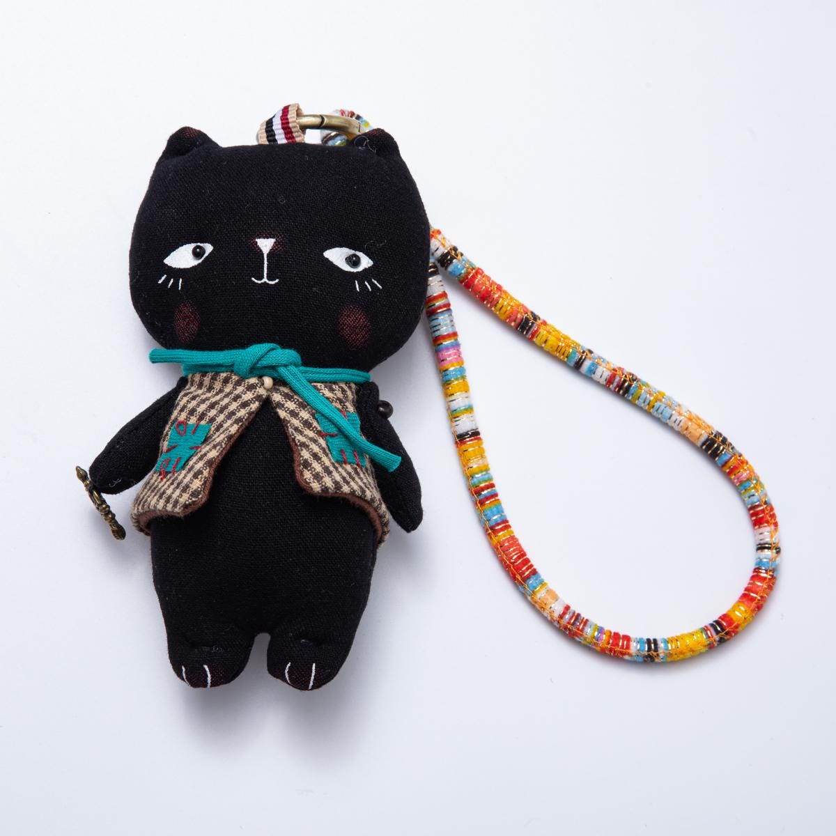 Fabric Doll 300mm Black Cat With Gingham Vest Keychain Colorful Lanyard Plushie Toy for Backpack Purses Accessory Supply | WB-00055