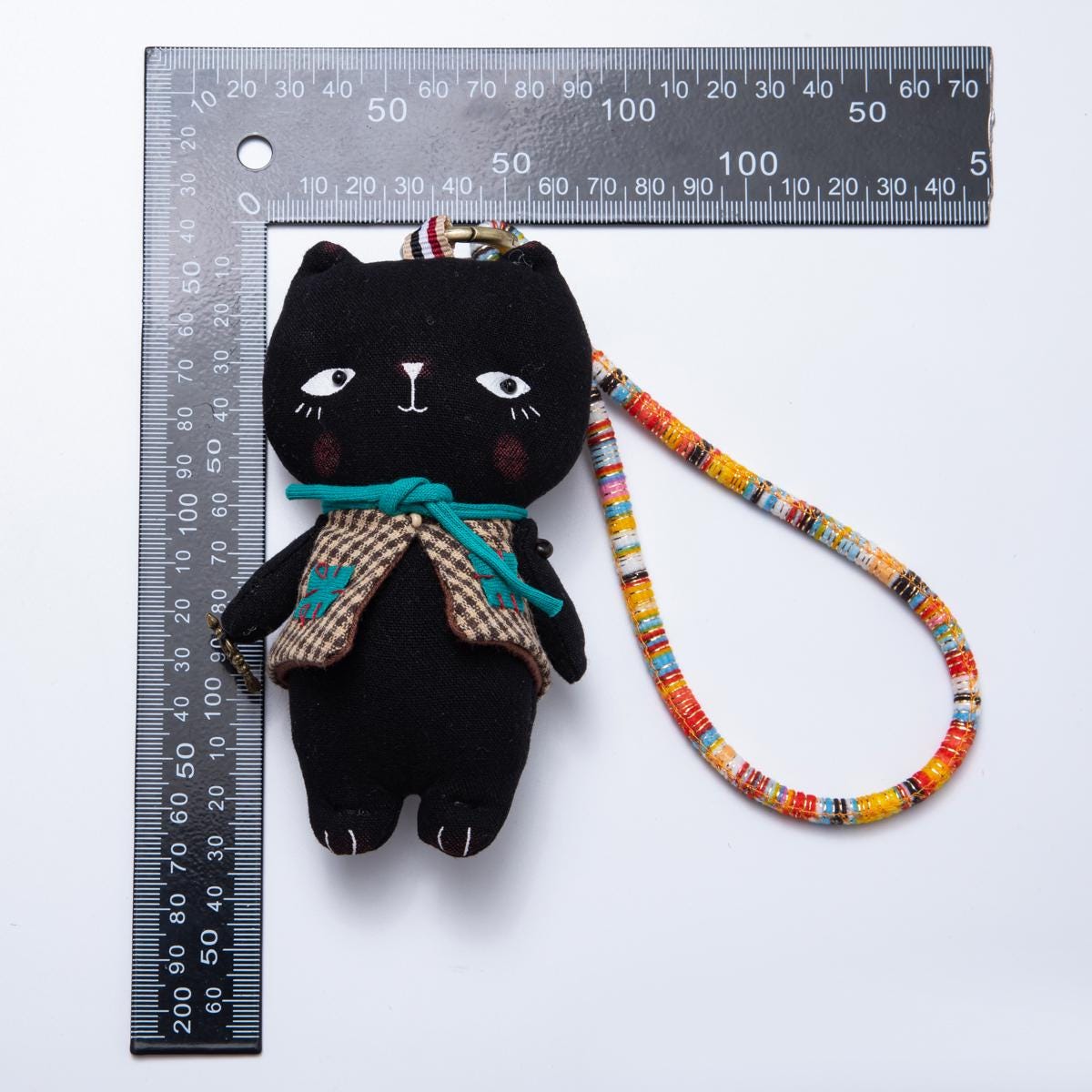 Fabric Doll 300mm Black Cat With Gingham Vest Keychain Colorful Lanyard Plushie Toy for Backpack Purses Accessory Supply | WB-00055