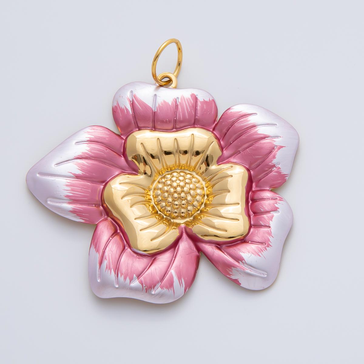 18K Gold Plated 51mm Blue, Pink, Black Enamel Blooming Flower Charm Summer Jewelry Making Supply for custom necklace | AF1421