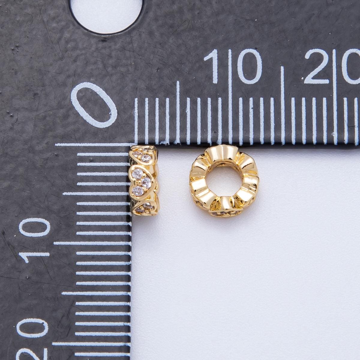 18k gold filled 6mm round beaded Micro Pave Heart outline spacer donut bead | Beads-00164