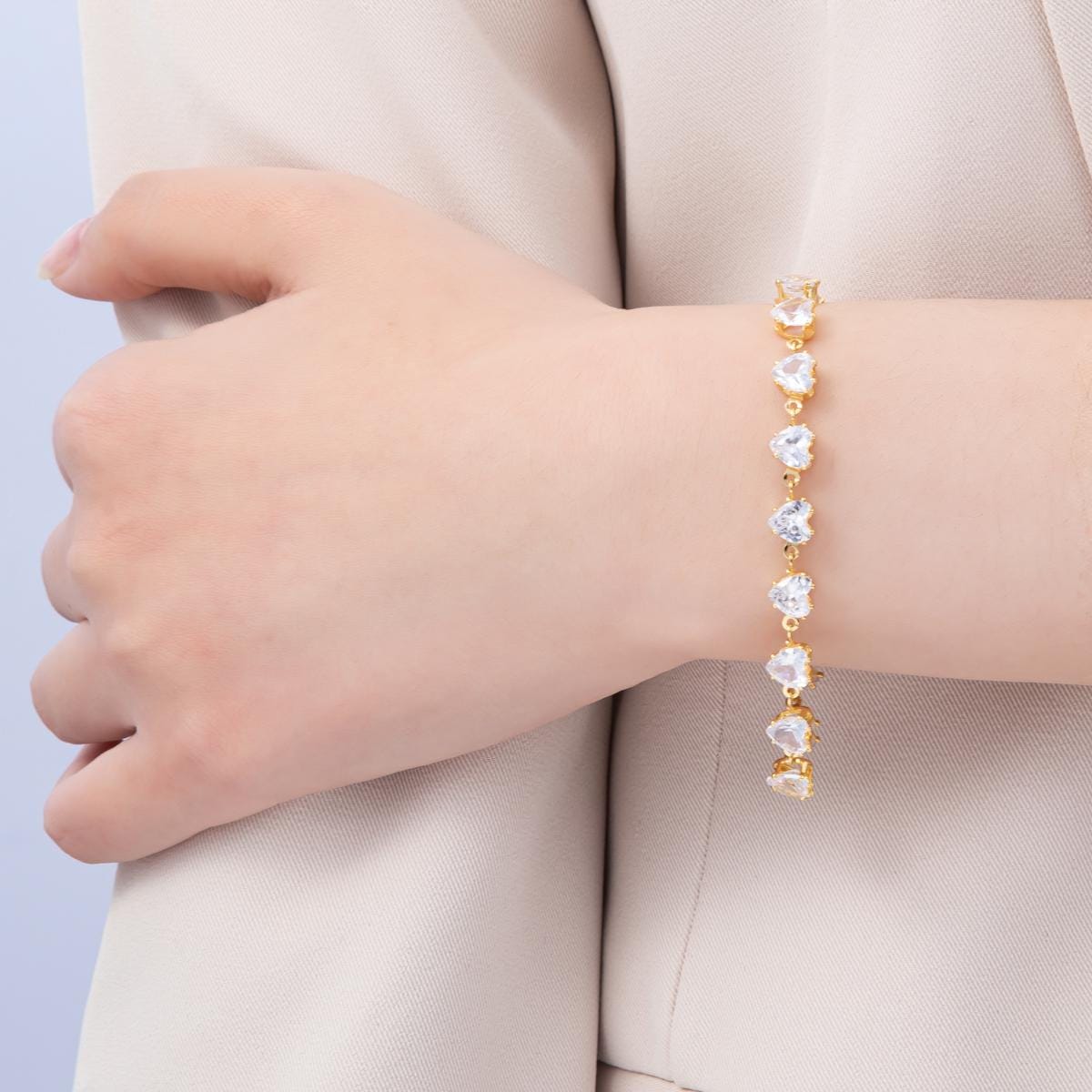 18K Gold Filled 7mm Clear, Pink CZ Heart Tennis Chain 7 Inch Bracelet | WA-04216