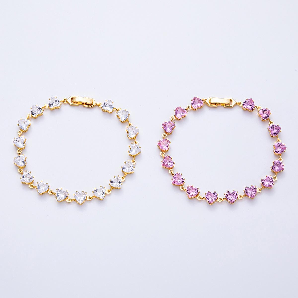 18K Gold Filled 7mm Clear, Pink CZ Heart Tennis Chain 7 Inch Bracelet | WA-04216