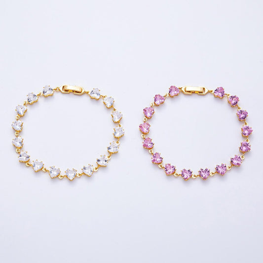 18K Gold Filled 7mm Clear, Pink CZ Heart Tennis Chain 7 Inch Bracelet | WA-04216