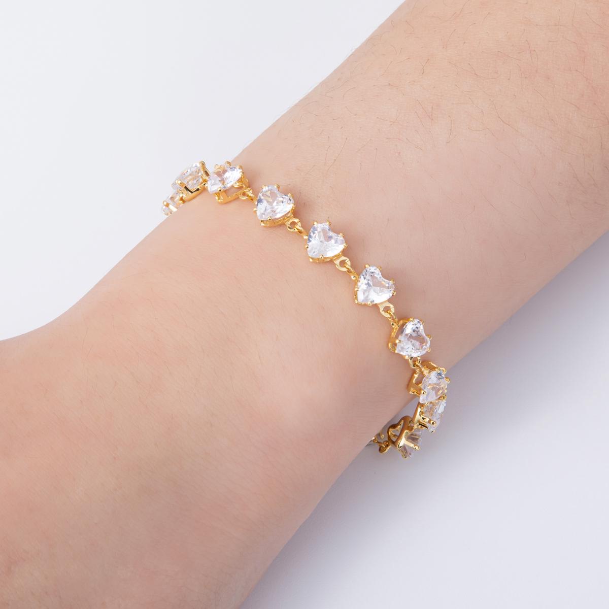 18K Gold Filled 7mm Clear, Pink CZ Heart Tennis Chain 7 Inch Bracelet | WA-04216