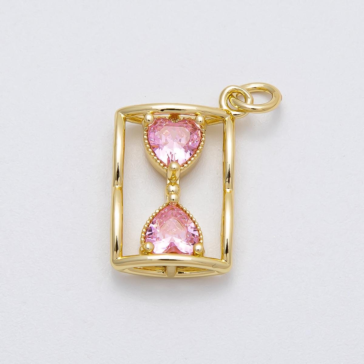 16k Gold Filled 18.8mm Hourglass Pendant Necklace Dainty Pink Sapphire Sand Timer Charm Romantic Birthday Jewelry Gift | CHARMS-00451