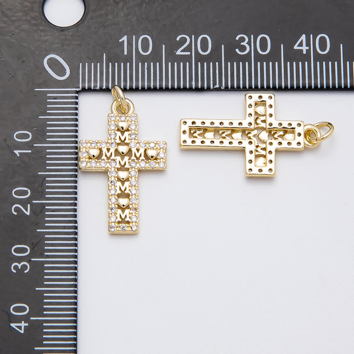 16k Gold Filled 23.8mm Micro Paved CZ Mom Cross Charm with Hearts Mother's Day Jewelry Gift Religious Christian Gift for her | CHARMS-00461