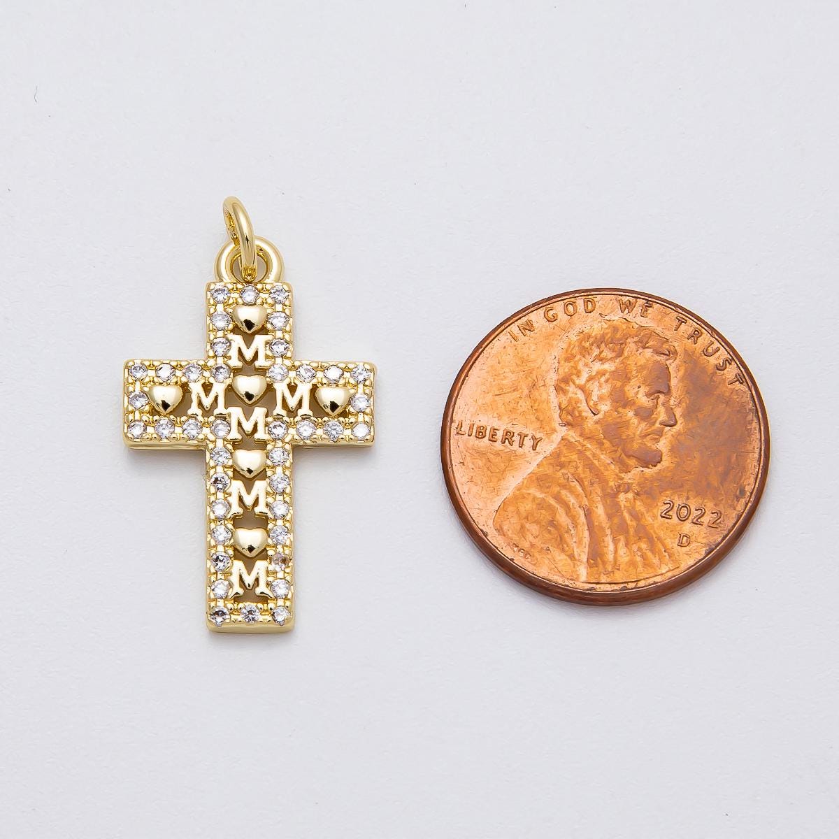 16k Gold Filled 23.8mm Micro Paved CZ Mom Cross Charm with Hearts Mother's Day Jewelry Gift Religious Christian Gift for her | CHARMS-00461