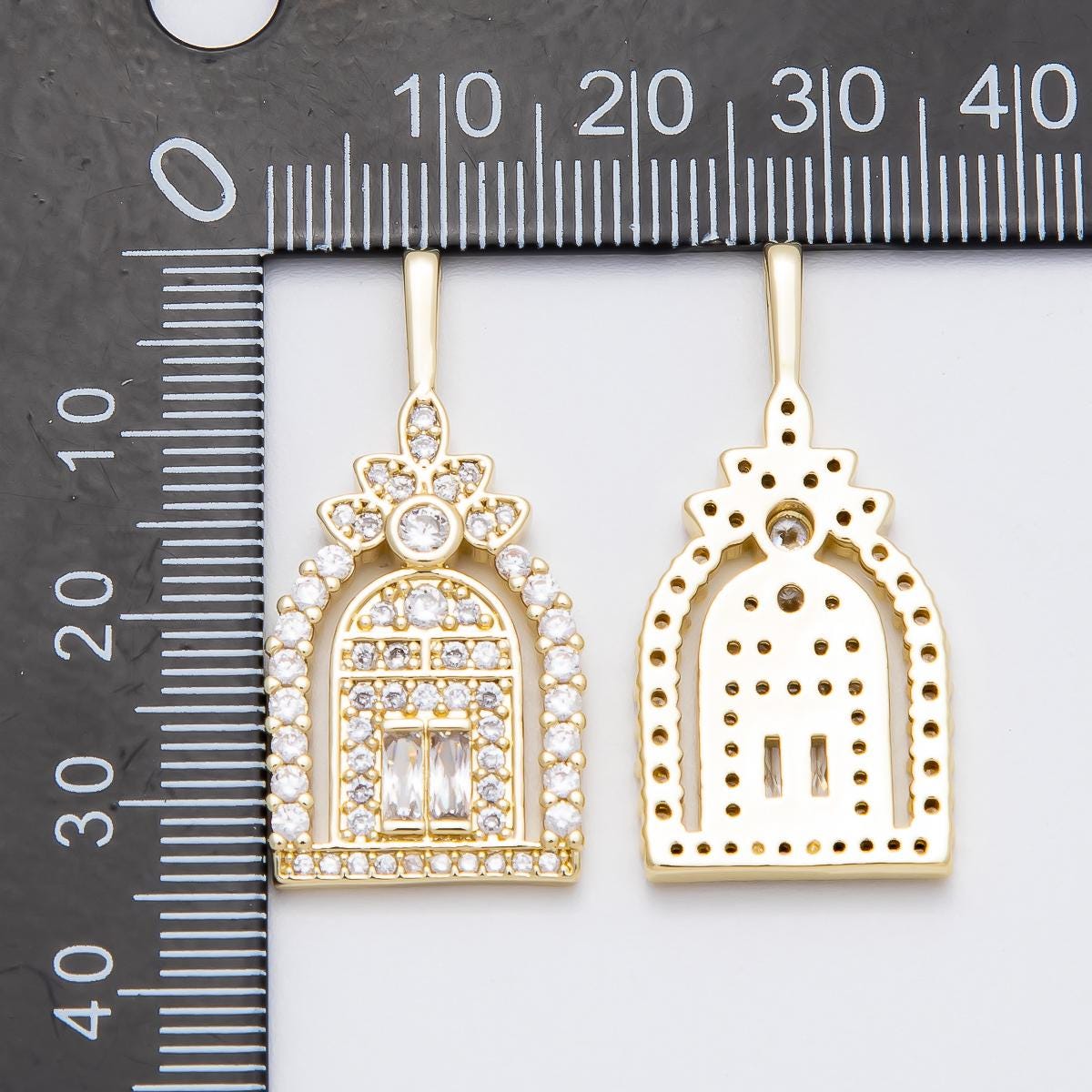16k Gold Filled 34.1mm Arched Window Pendant Micro paved CZ Cathedral Charm Dainty Celestial Jewelry Supply Gift for her | CHARMS-00462