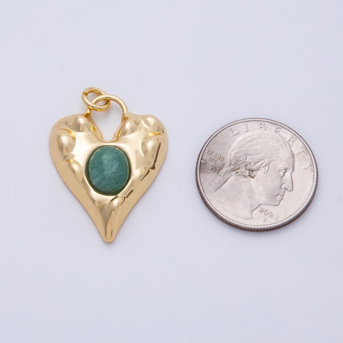 18k Gold Filled 31.2mm Molten Heart Charm with Green Aventurine Textured Love Jewelry Gift for Her DIY Supply for Necklace | CHARMS-00464