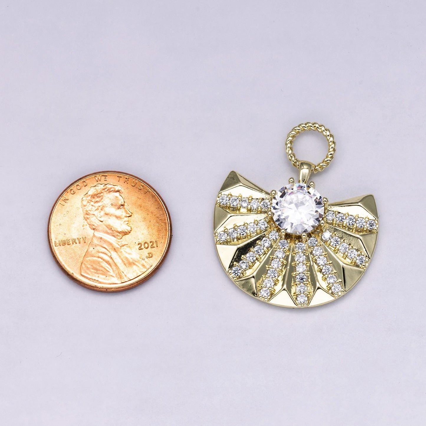 14k Gold Filled 29mm Dainty Sunburst Fan Charm Micro Pave Pendant CZ crystal DIY Jewelry for custom Necklace and Bracelet | CHARMS-00486