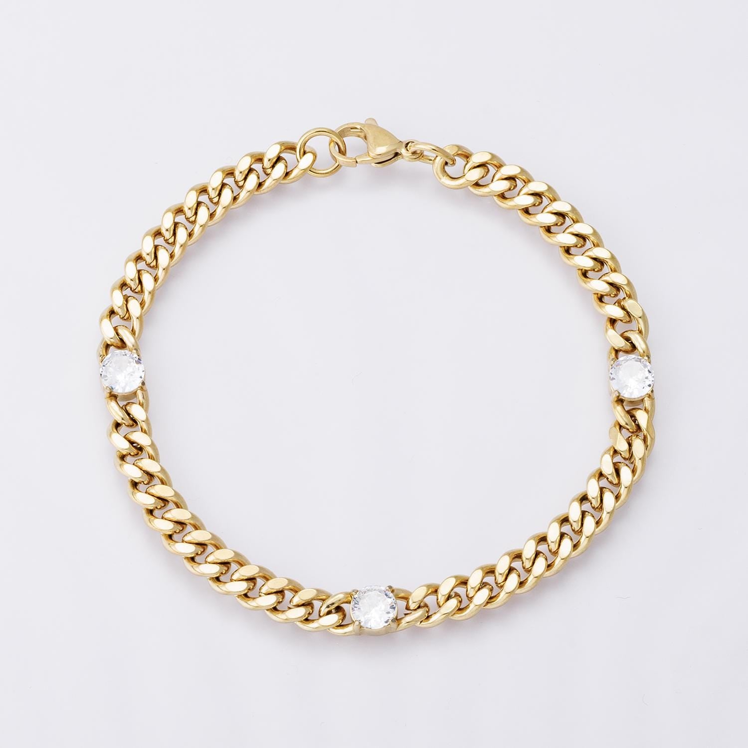 PVD Gold Cuban Link Bracelet with Princess Cut Stones – Statement Chain Jewelry WA-4171