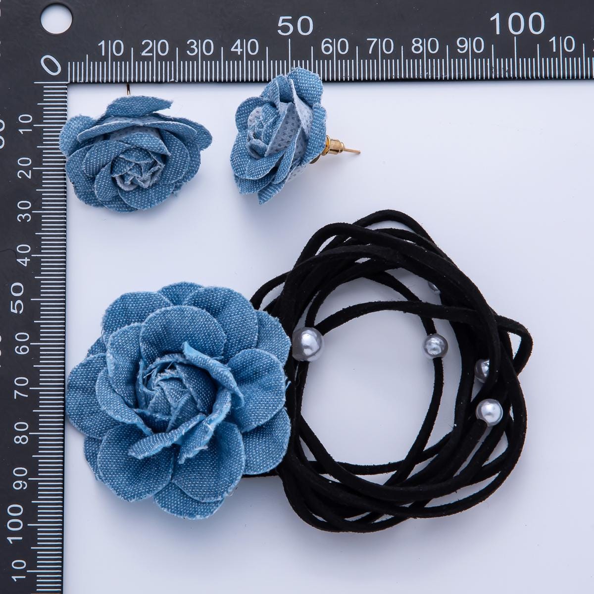 Denim Jeans Rose Flower Wrap Choker Necklace with Matching Earring Stud Wa-4189