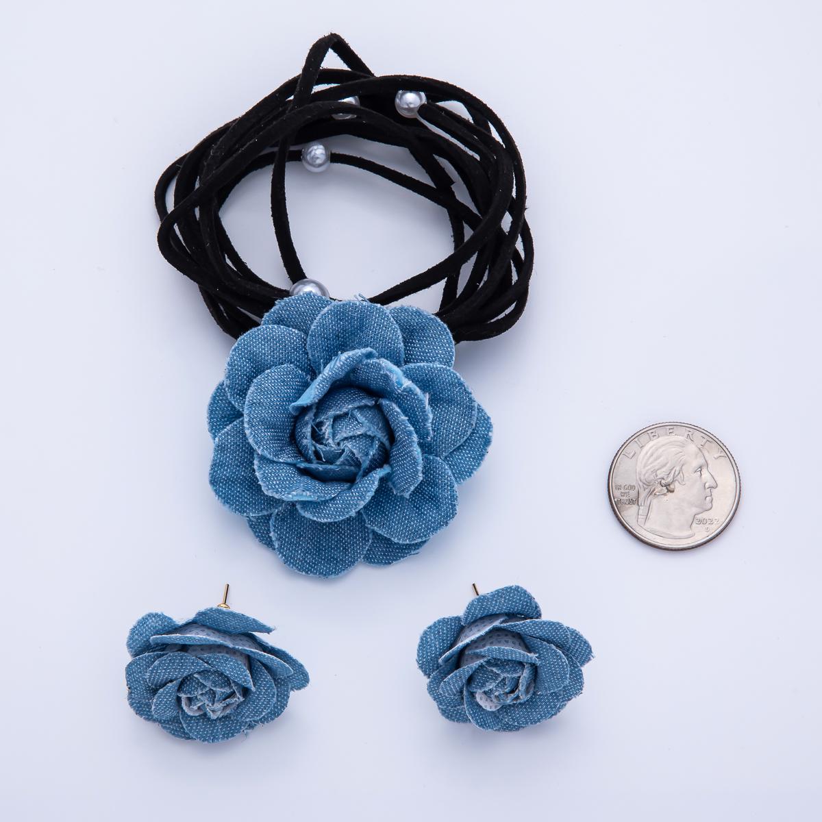 Denim Jeans Rose Flower Wrap Choker Necklace with Matching Earring Stud Wa-4189