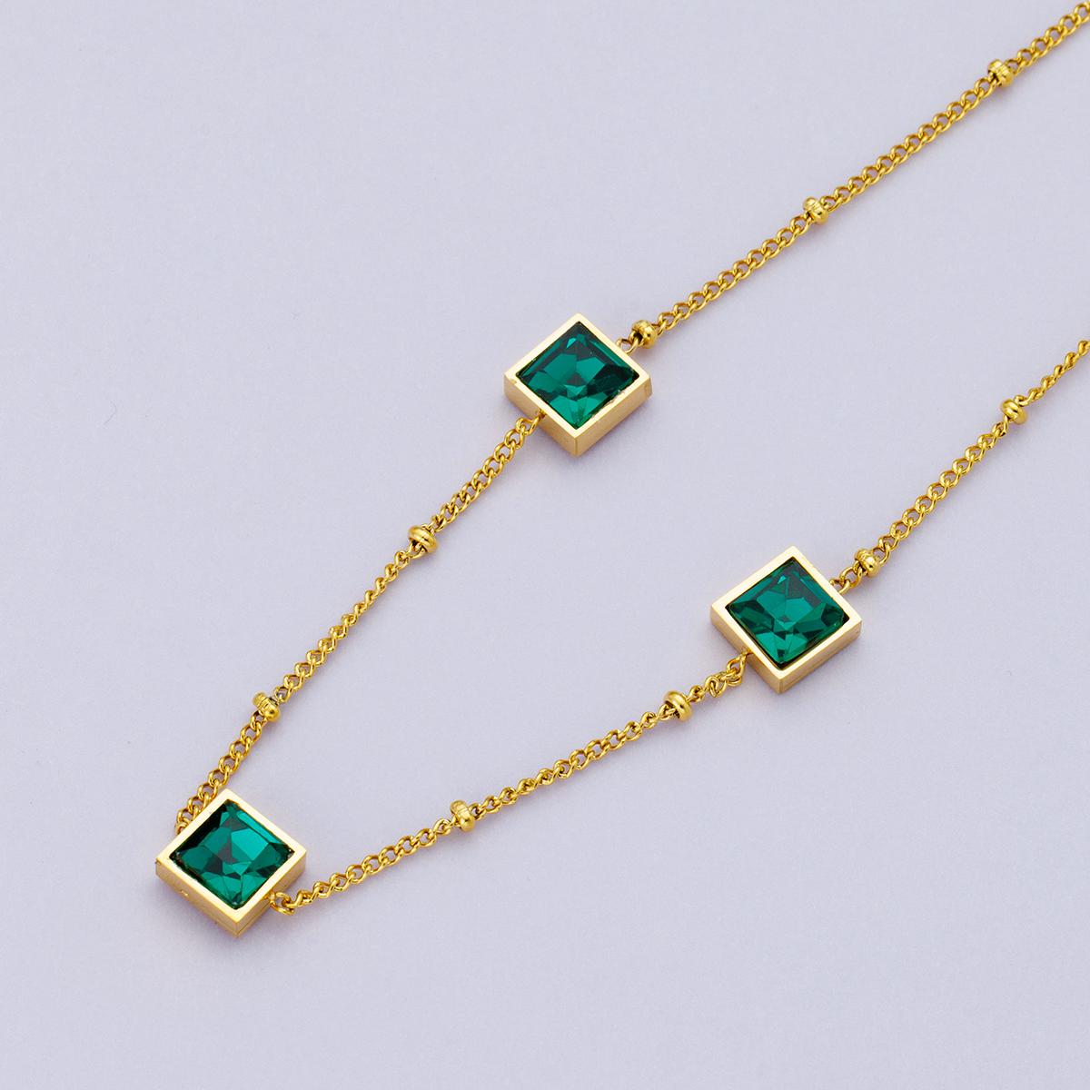Dainty 24k gold filled satellite bead necklace with Green CZ 15.5 Inch Choker Necklace WA-4048