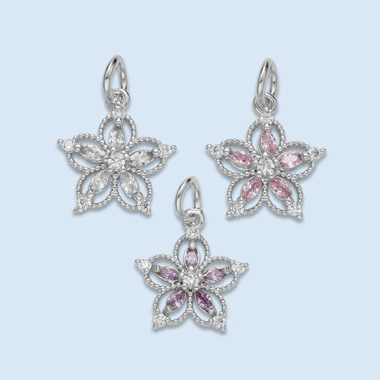 Micro Pave CZ Flower Charm Pendant, Rhodium Plated Copper Dainty Charm Charms-00192