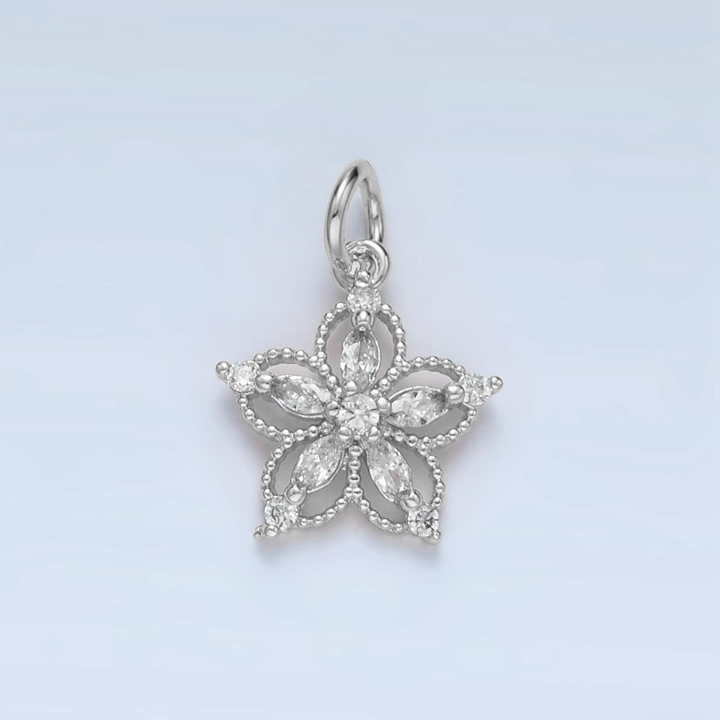 Micro Pave CZ Flower Charm Pendant, Rhodium Plated Copper Dainty Charm Charms-00192