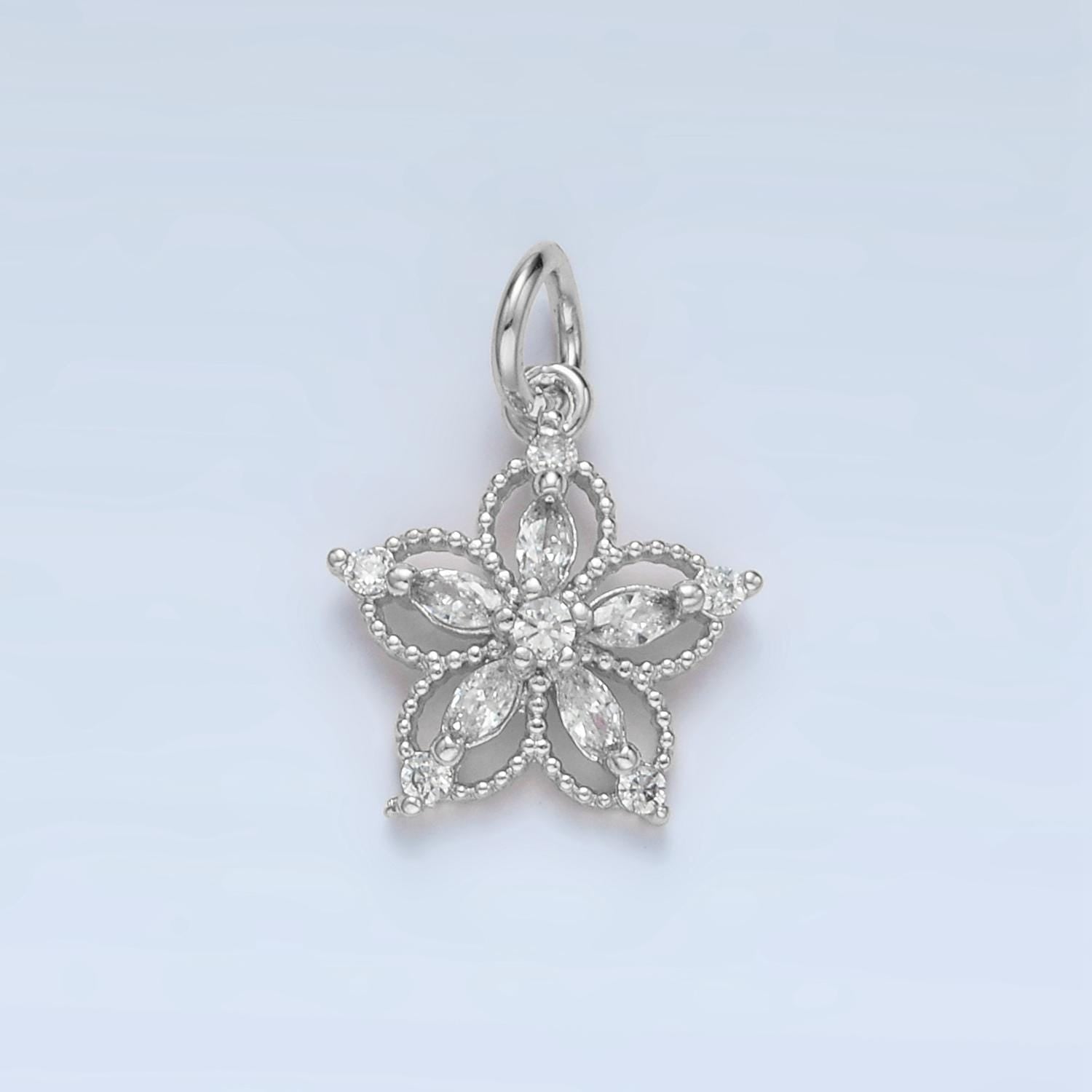 Micro Pave CZ Flower Charm Pendant, Rhodium Plated Copper Dainty Charm Charms-00192