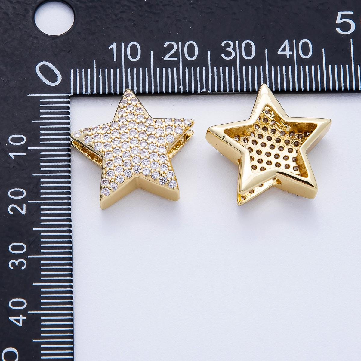 16K Gold Filled 21mm Micro Paved CZ Celestial Star Slide Bead Sparkling Puffy Slider for DIY Necklace & Bracelet Jewelry | Beads-00193