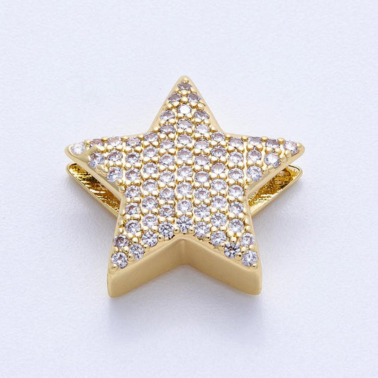 16K Gold Filled 21mm Micro Paved CZ Celestial Star Slide Bead Sparkling Puffy Slider for DIY Necklace & Bracelet Jewelry | Beads-00193