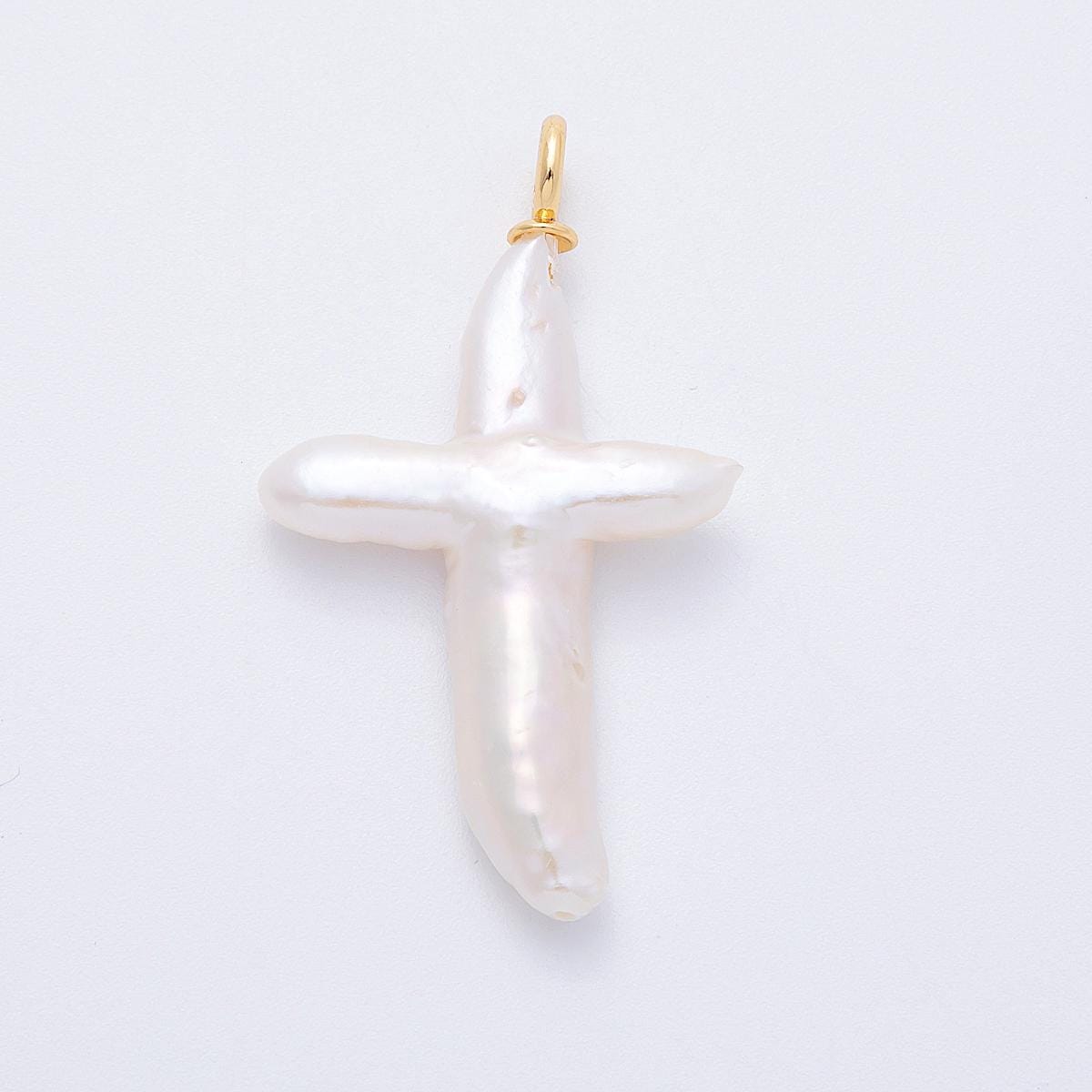 18K Gold Filled 54.7mm Shell Pearl Irregular Cross Religious Pendant unique Christian Gift for her DIY Jewelry Making supply | Charms-00434