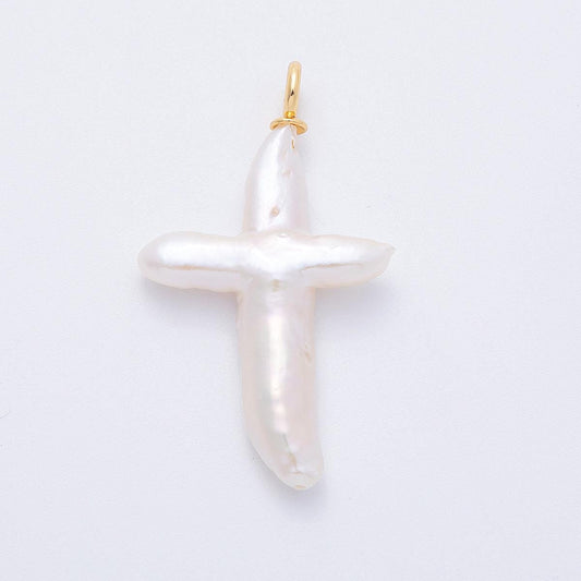18K Gold Filled 54.7mm Shell Pearl Irregular Cross Religious Pendant unique Christian Gift for her DIY Jewelry Making supply | Charms-00434