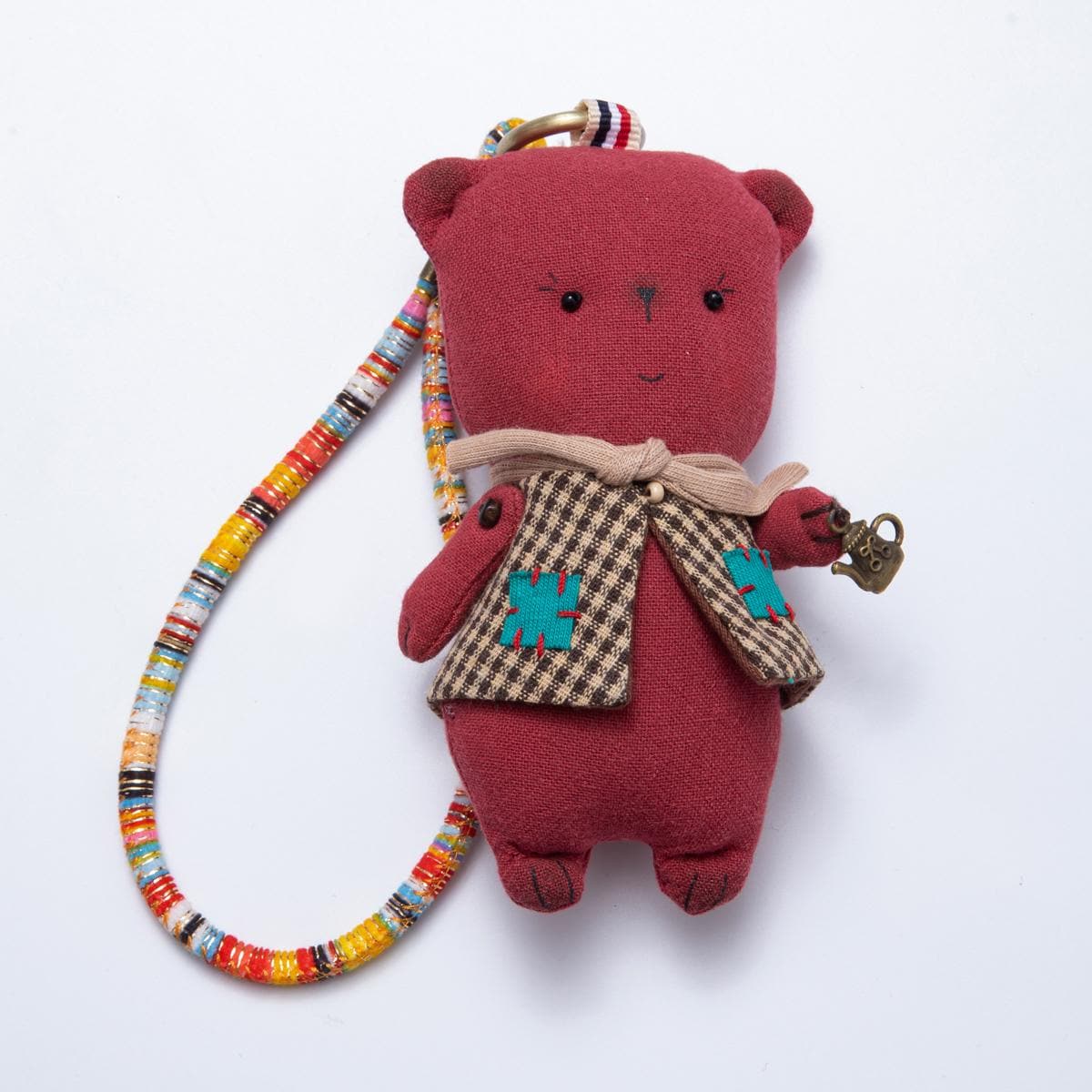 Red Plush Bear Bag Charm 300mm Fabric Teddy Keychain Cute Backpack Accessory with Gingham Scarf Unique Boho Gift for Bear Lovers | WB-00058